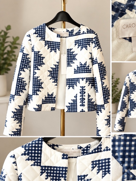 Caroline Constas Jackets & Blazers - NWT CAROLINE CONSTAS White/Blue Quilted Jacket Linen Blend Puffy Shoulder $395
